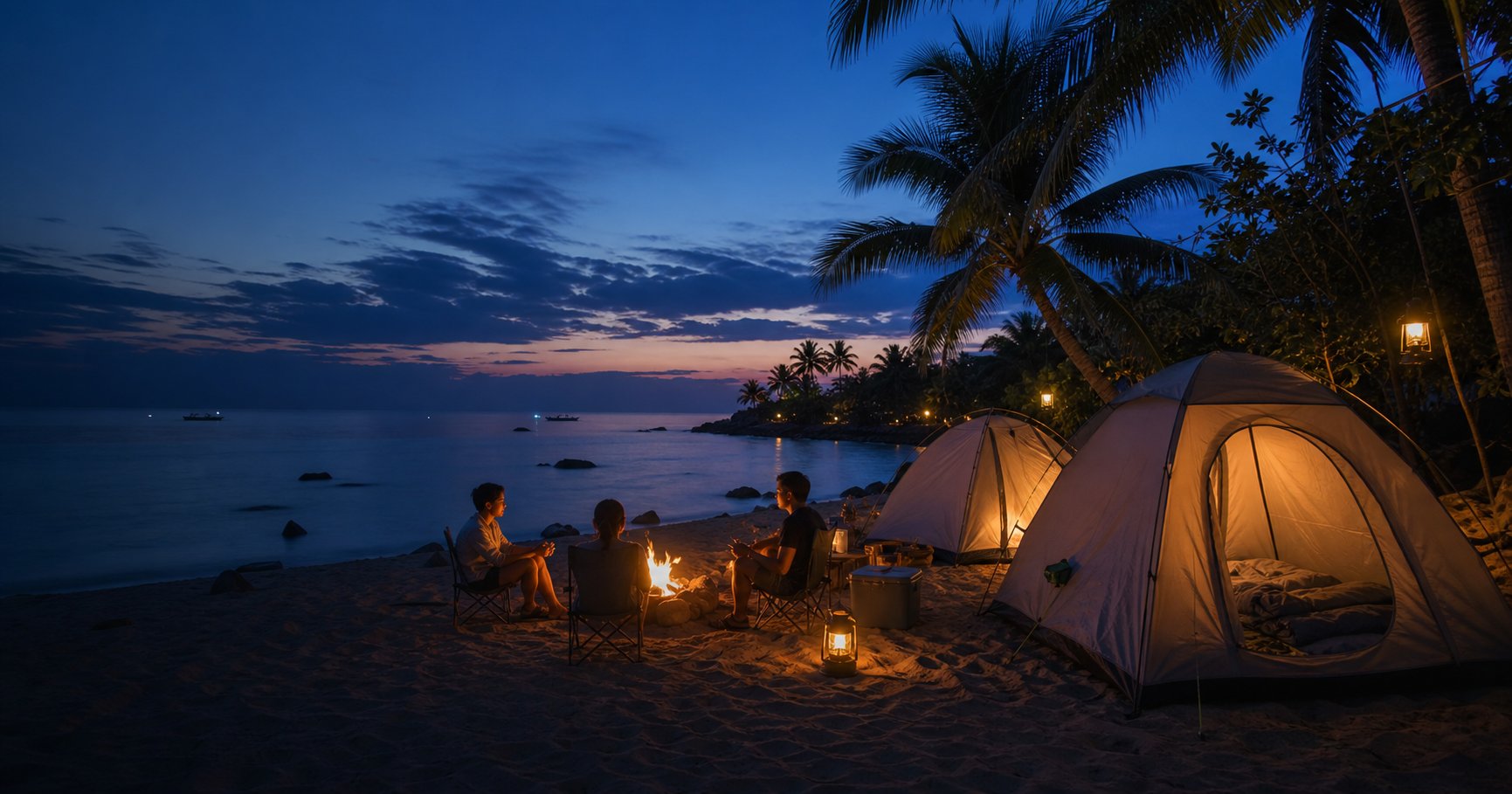 Beach camping tents and campfire at dusk in Phu Quoc