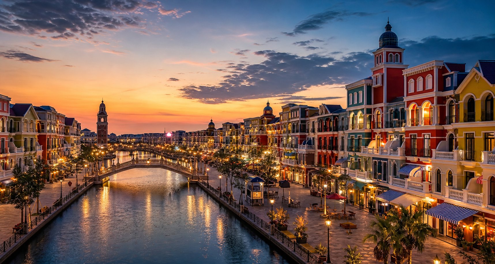 Colorful canal-side buildings illuminated at sunset