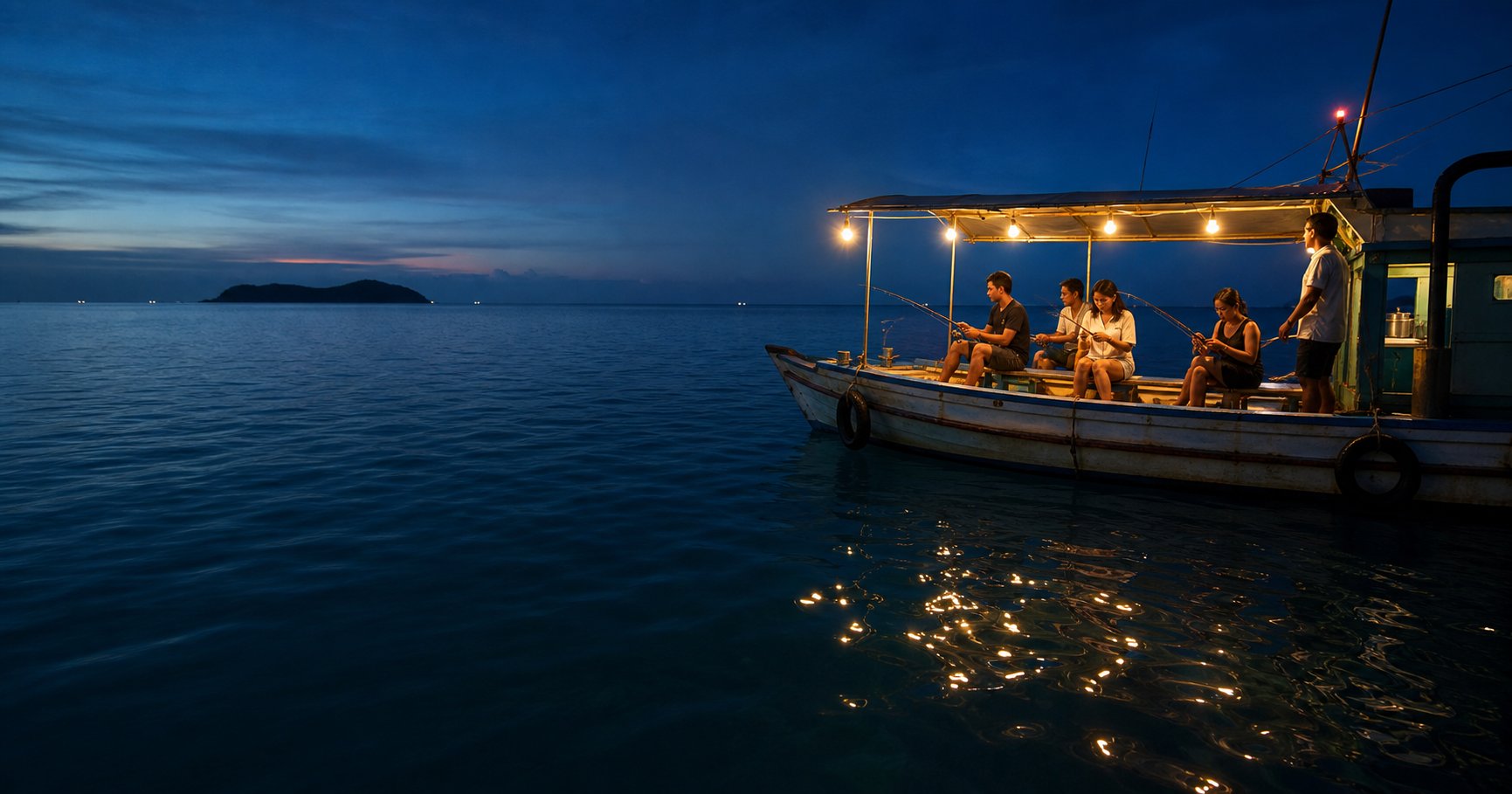 Fishing boat on calm ocean water at evening