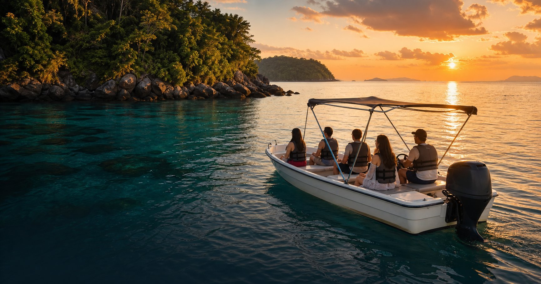 Canoe tour boat beside tropical islands in warm sunset light
