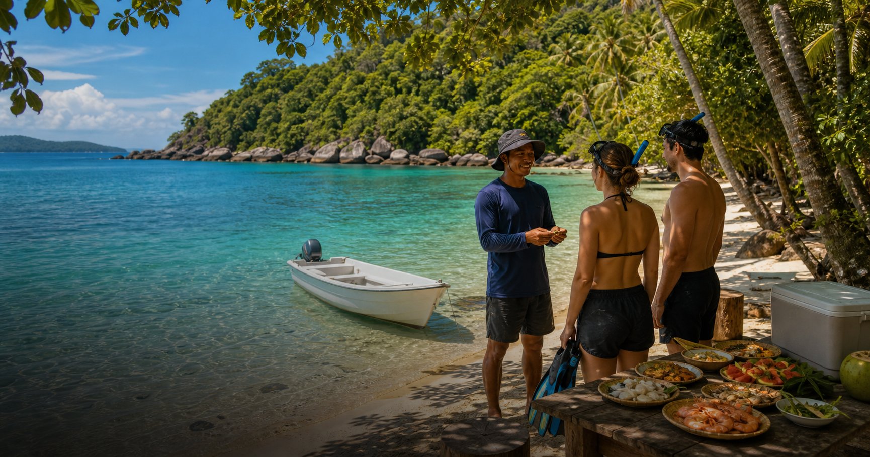 Local island guide welcoming snorkel guests beside a clear cove